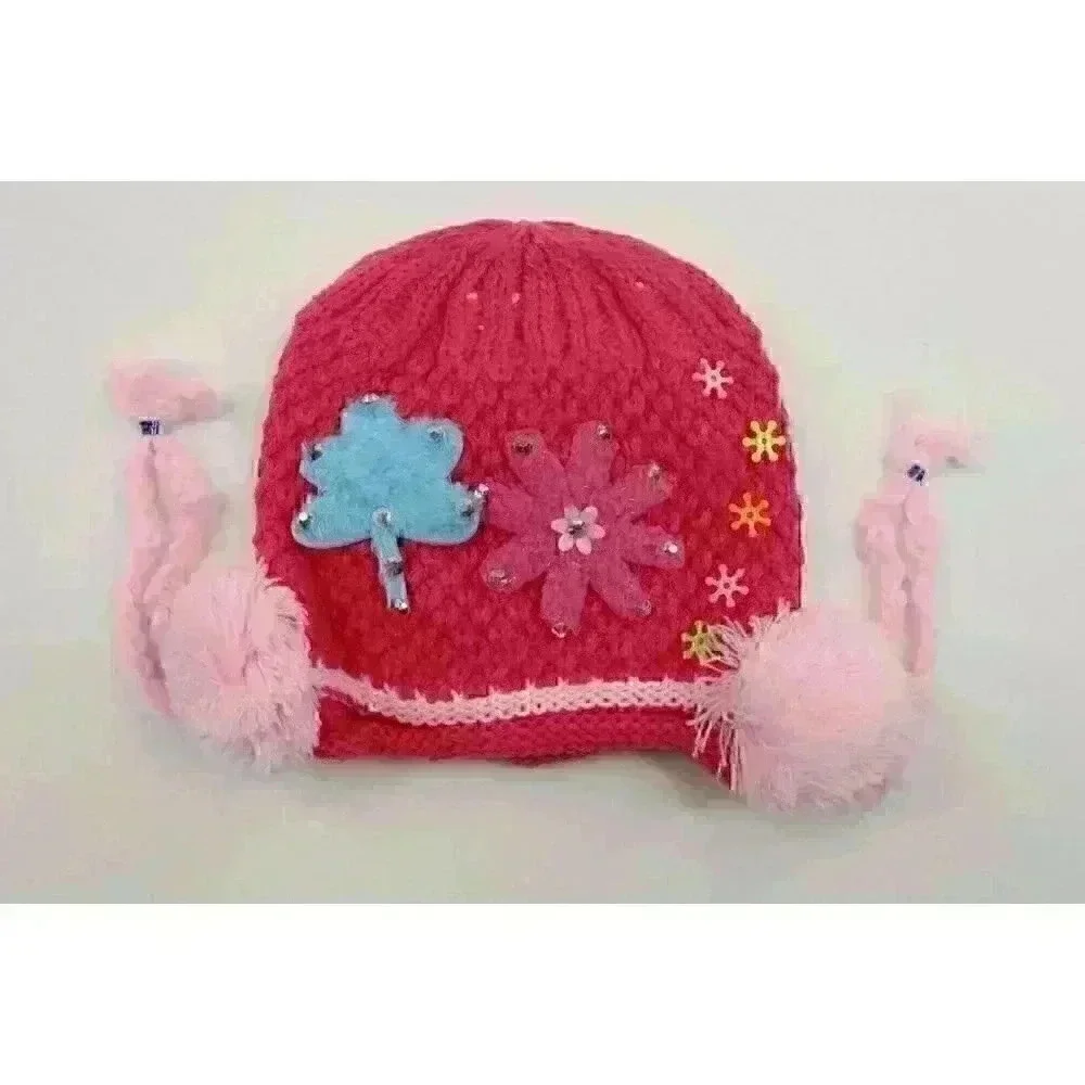 HAND knitted girl hat with knitted applique with beads for 3-6 year old. NEW.